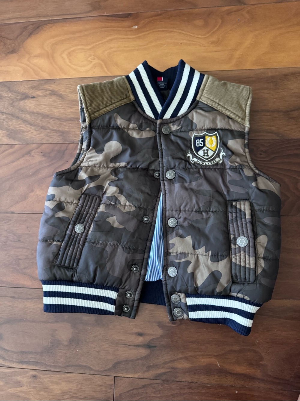 Tommy Hilfiger Boys Camo Quilted Vest with Navy Stripe Trim